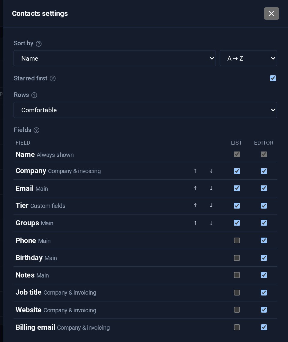 Contacts settings: Fields, with a List and an Editor switch for every field