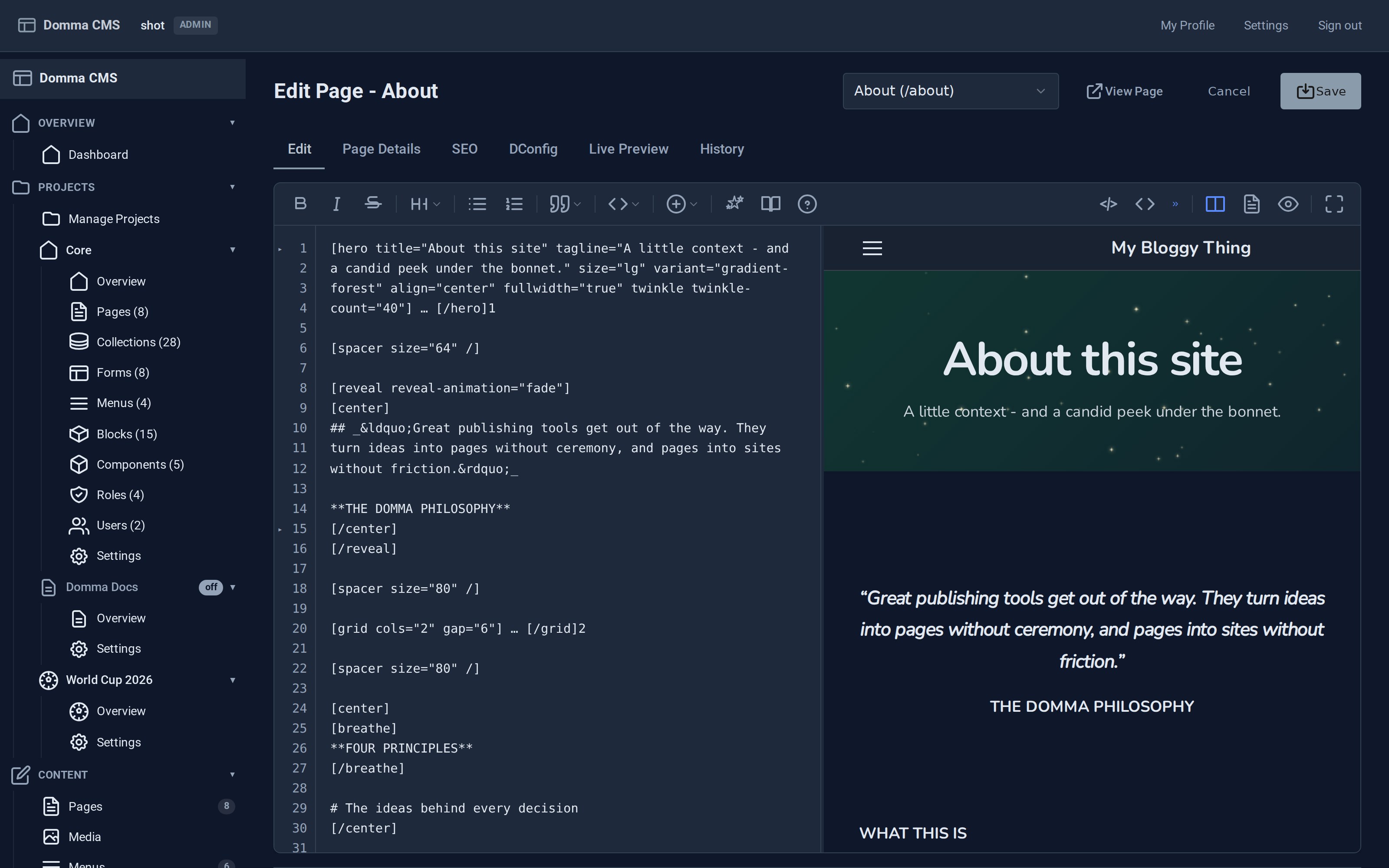 The page editor with shortcode blocks folded to single summary lines, each ending in an ellipsis and its closing tag