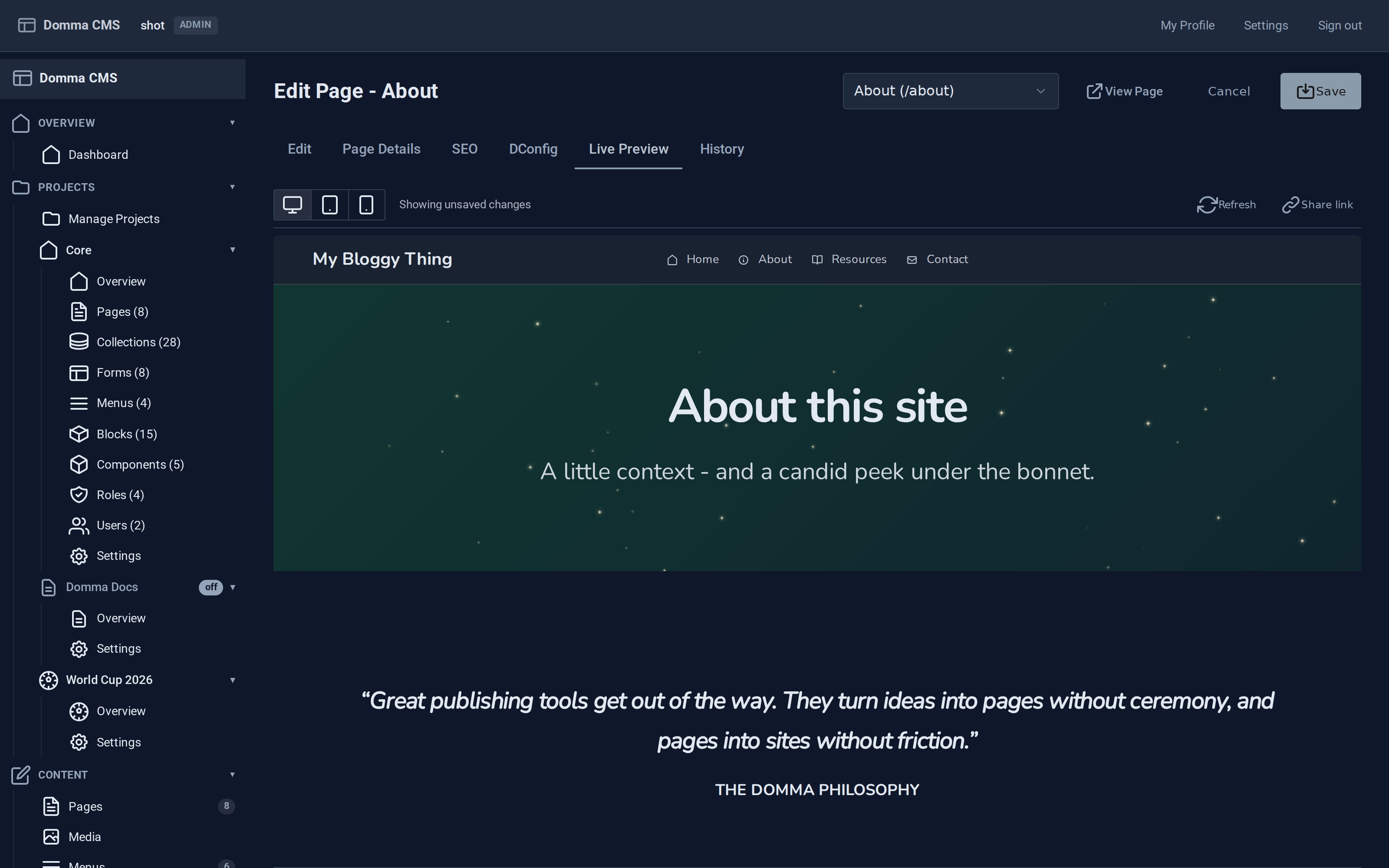 The Live Preview tab rendering the whole page from unsaved changes, with desktop, tablet and phone toggles, a Refresh control and a Share link button