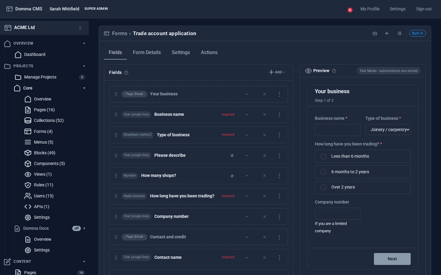 The form builder with ACME Ltd's Trade account application open: a list of field cards on the left - page breaks, text, dropdown, radio buttons, with required and logic markers - and on the right a live preview showing step 1 of 2 of the wizard