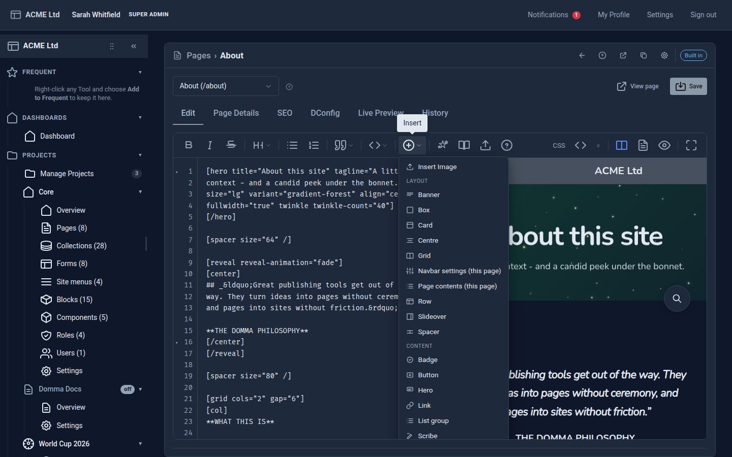 The page editor's Insert menu, with Insert Image at the top above the layout and content shortcodes