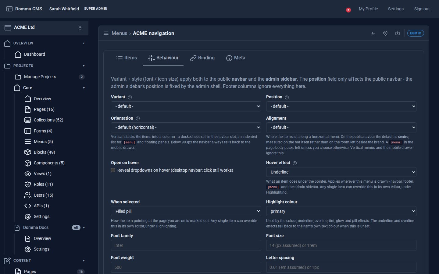 The menu editor's Behaviour tab: variant, position, orientation, alignment, open on hover, hover effect, selected-item effect, highlight colour, font family, size, weight and letter spacing, each with help text