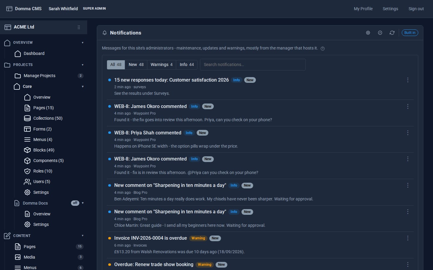 The Notifications inbox with messages from Surveys, Waypoint Pro, Blog Pro and Invoices