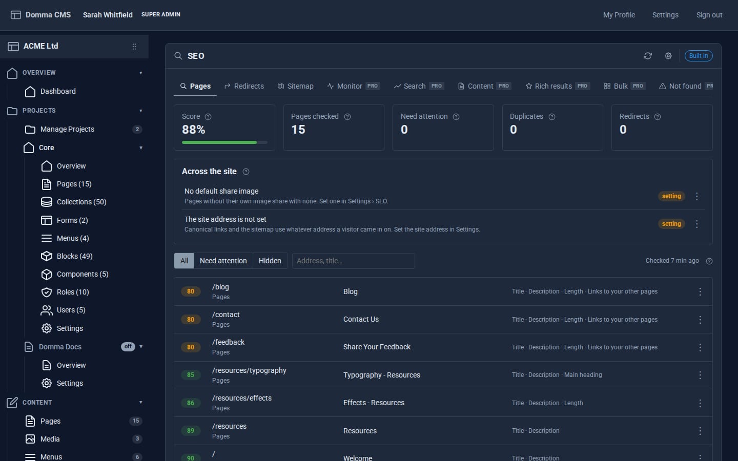 The SEO Tool: a site score, pages checked, pages needing attention, site-wide advice and a score for every page