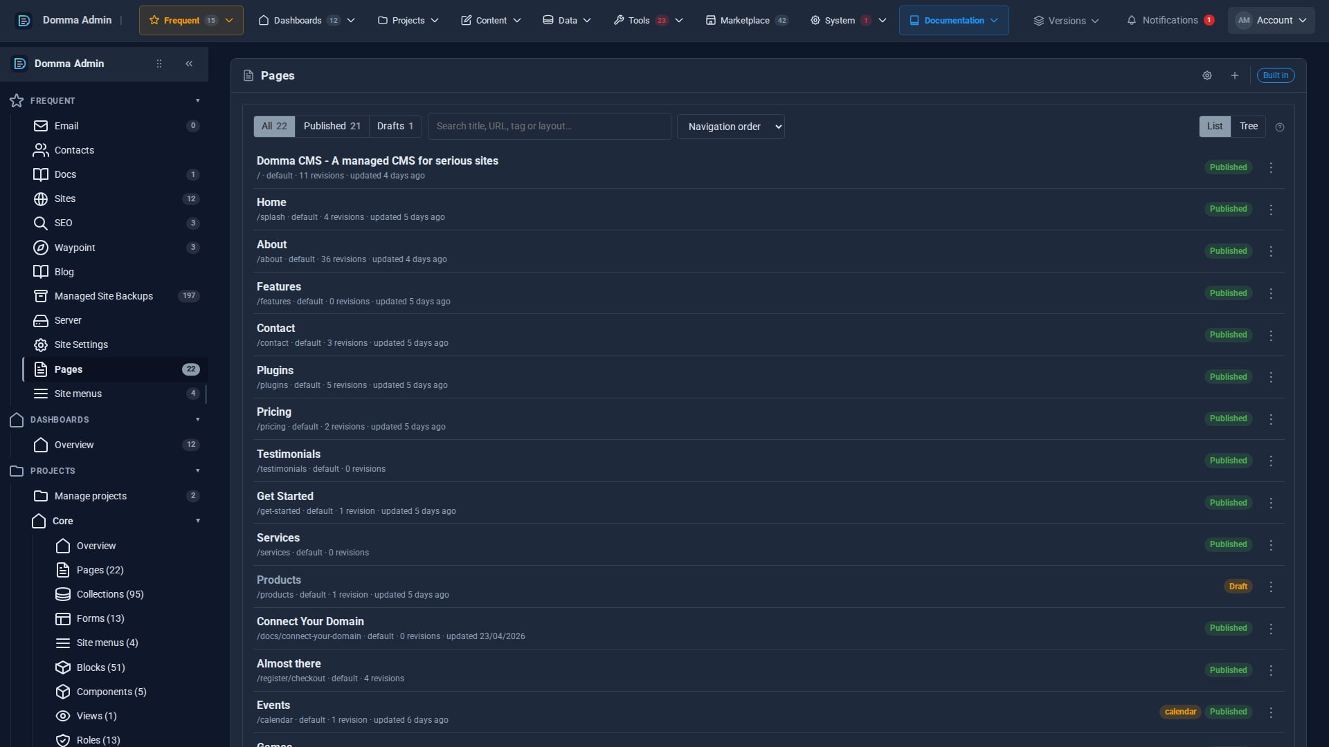 The admin with the side menu switched on: Frequent, Dashboards and Projects folders open down the left, the top bar above, and the Pages list beside them