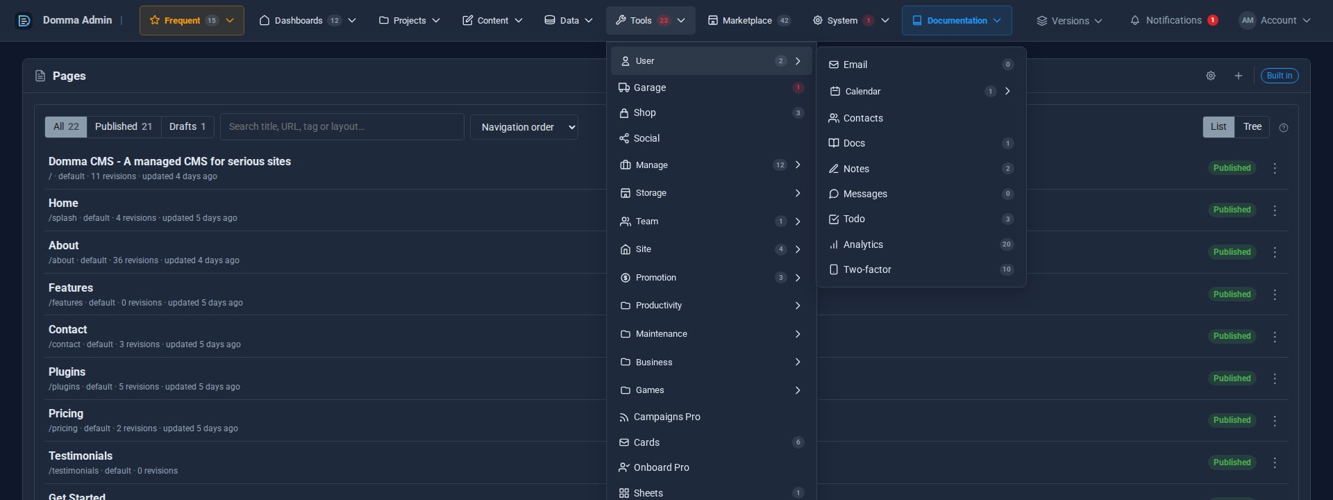 The Tools folder open in the top menu, with the User folder opened beside it showing Email, Calendar, Contacts, Docs, Notes, Messages, Todo, Analytics and Two-factor, each with its count