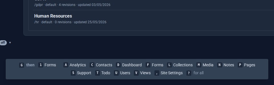 After G, a hint at the foot of the screen: G then 1 Forms, A Analytics, C Contacts, D Dashboard and the rest