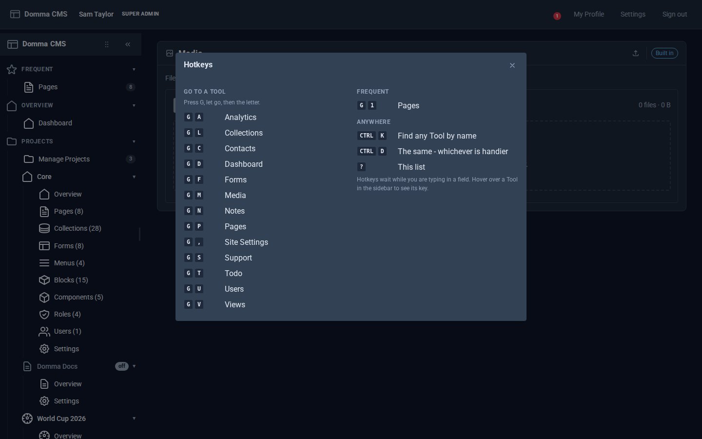 The hotkey list: every Tool's letter, the Frequent folder's numbers, and the palette keys