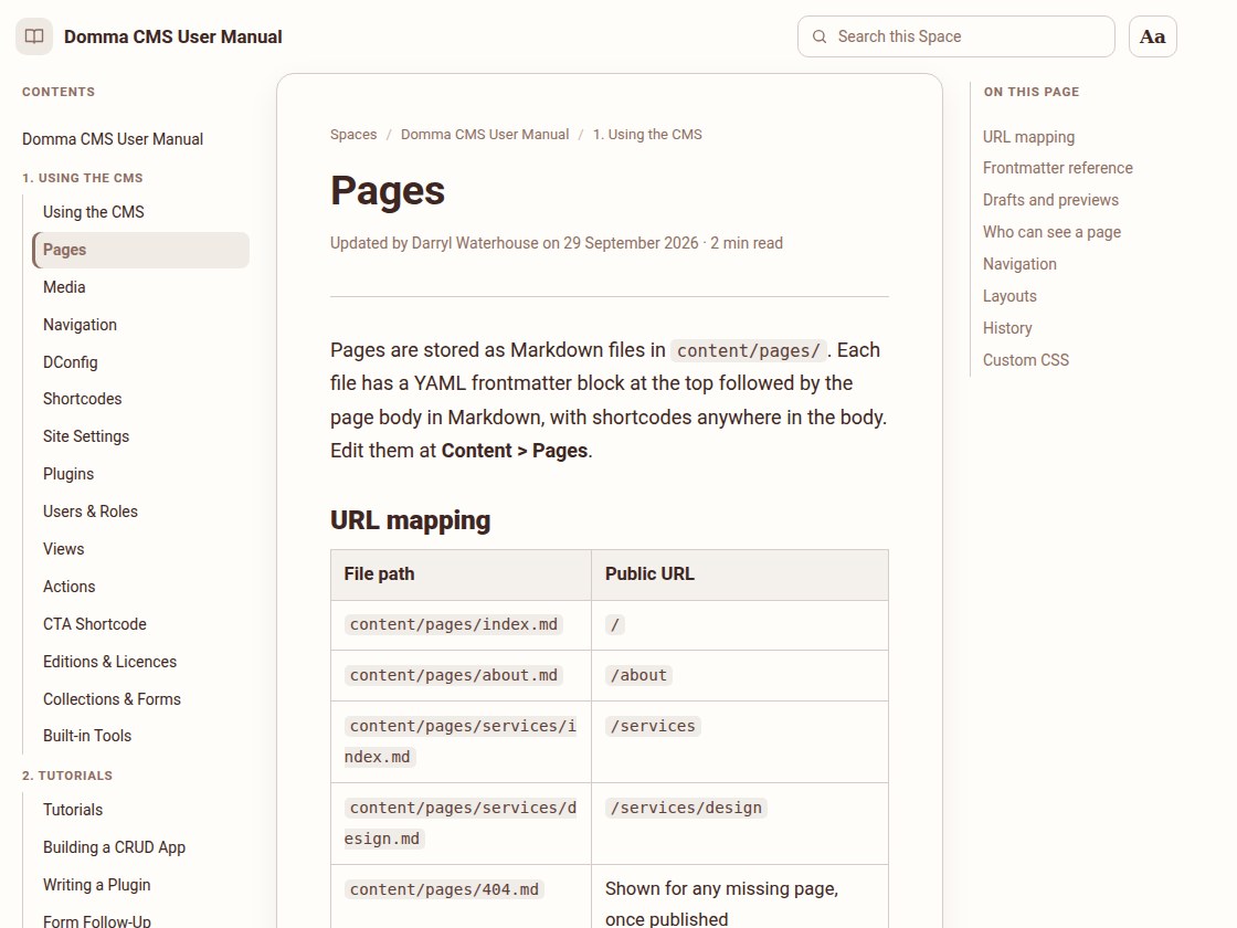 The Domma CMS User Manual open to the Pages guide in the Docs Pro Reader