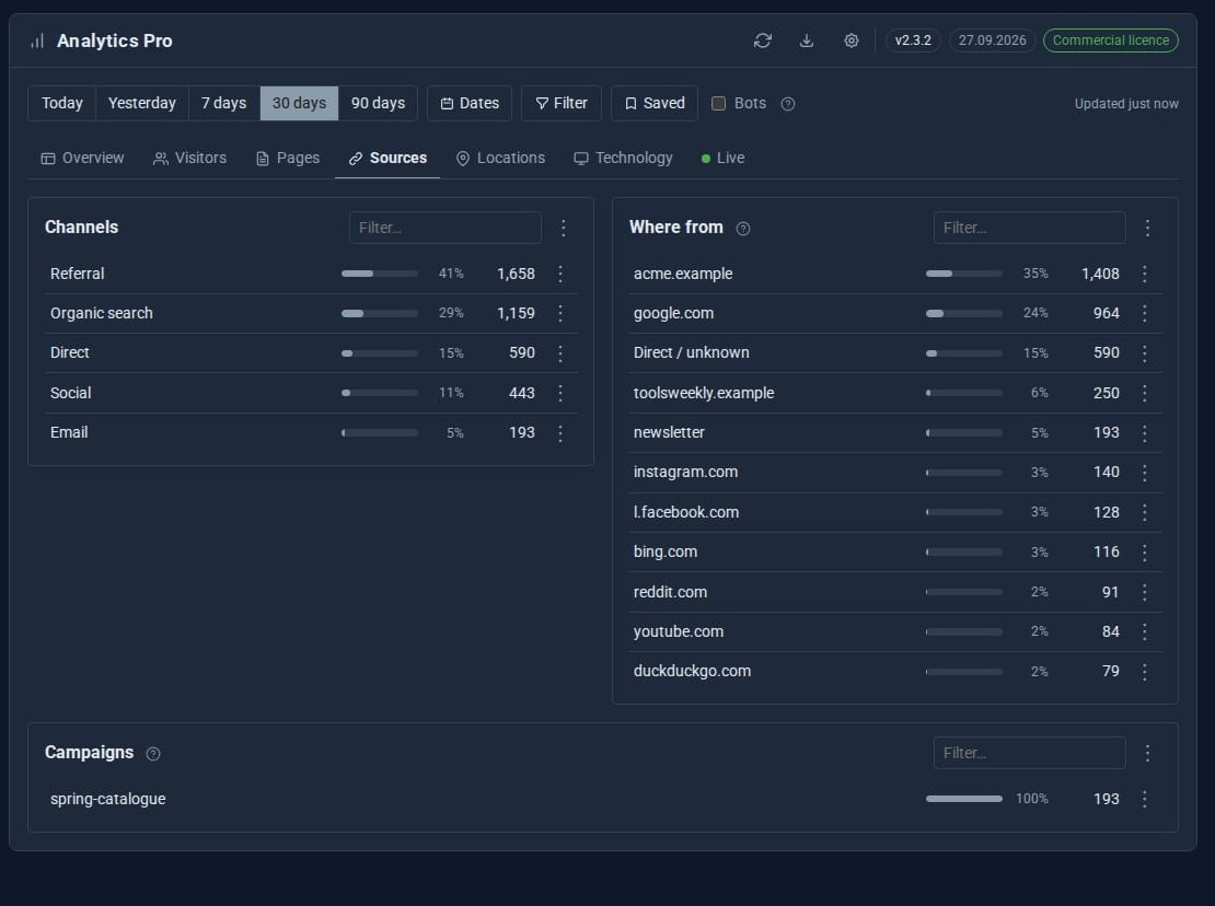 Analytics Pro Sources tab over 30 days: channels referral, organic search, direct, social and email; where visitors came from led by acme.example, google.com and toolsweekly.example; and a Campaigns table with spring-catalogue at 193 visits