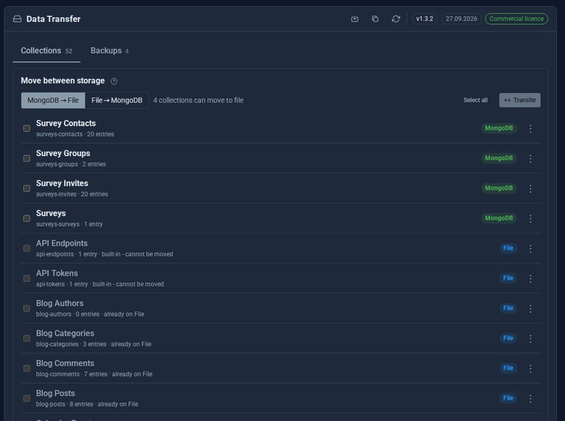Data Transfer's Collections tab, Move between storage: the Surveys collections on MongoDB and other collections on file, with a Transfer button