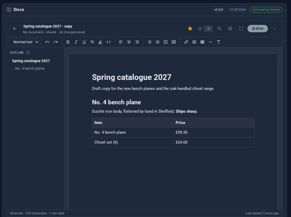 The Docs editor with Spring catalogue 2027: a formatting toolbar, an outline panel, a heading for the No. 4 bench plane and a price table