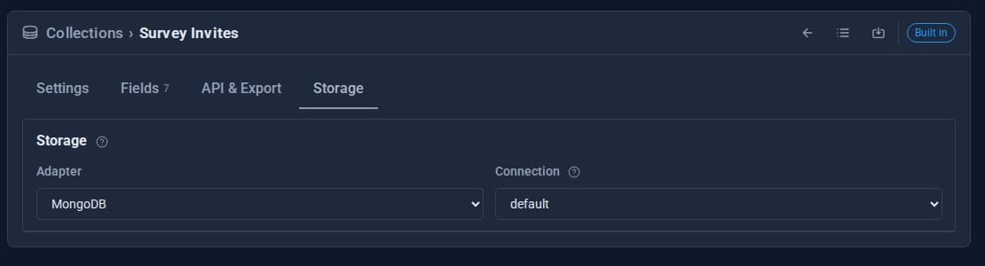 A collection's Storage tab in the admin: the Survey Invites collection set to the MongoDB adapter on the default connection