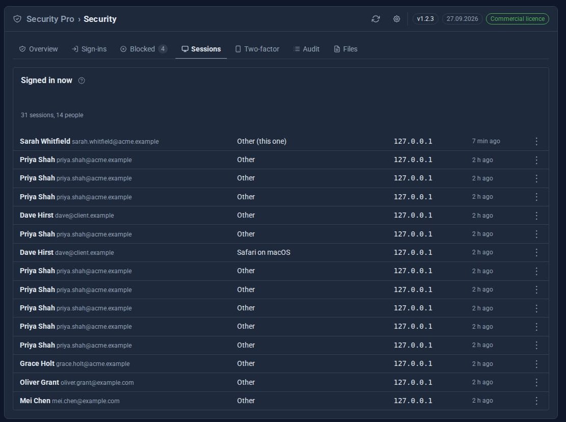 Security Pro's Sessions tab: 31 sessions for 14 people, each with the person, browser, address and when it was last used