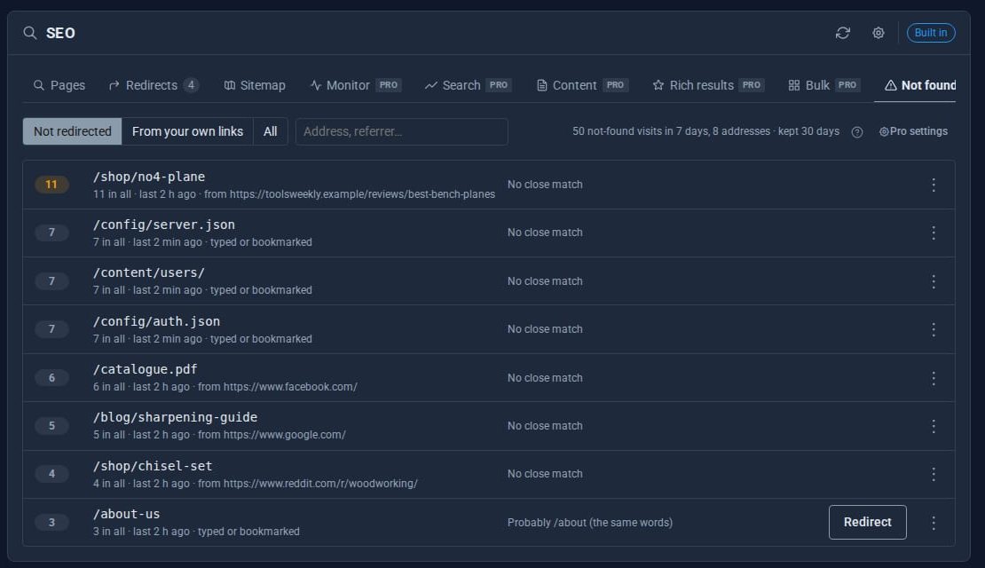 SEO Pro's Not found tab: addresses visitors asked for that do not exist, led by /shop/no4-plane with 11 visits from toolsweekly.example, with a Redirect button where a close match exists