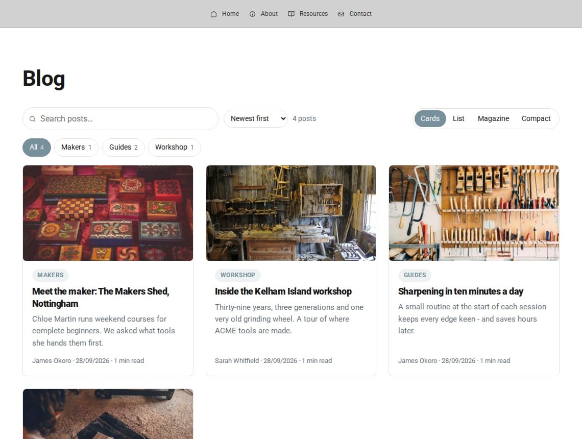 A public blog listing with post cards and category filters