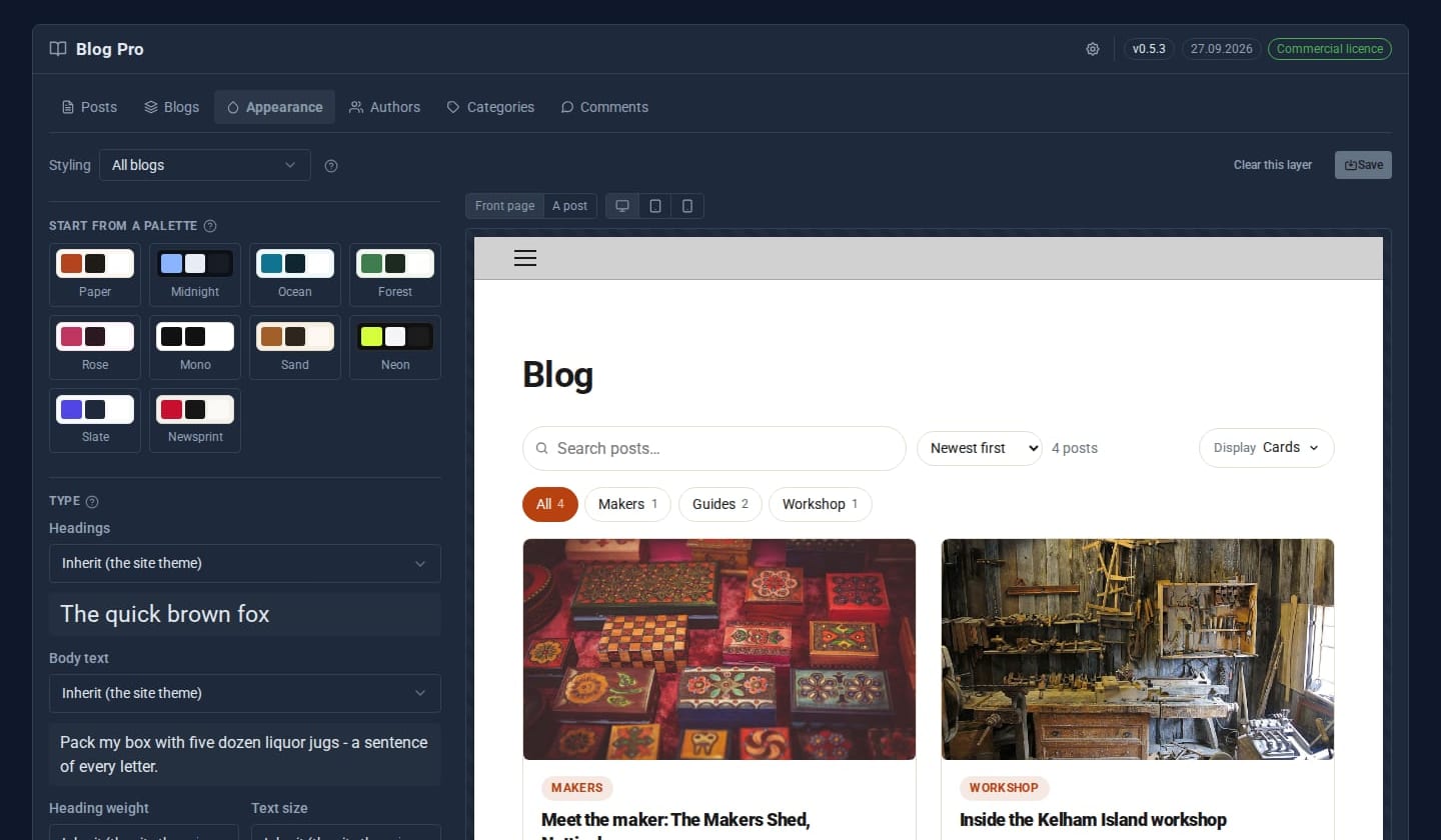 Appearance: pick a preset, fonts and colours, and preview before saving.