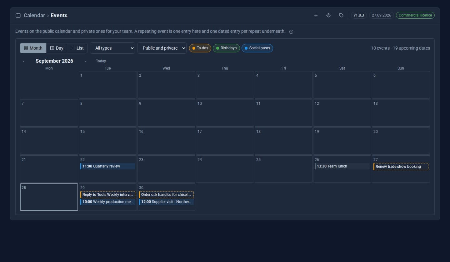 The month view with event types in their colours.