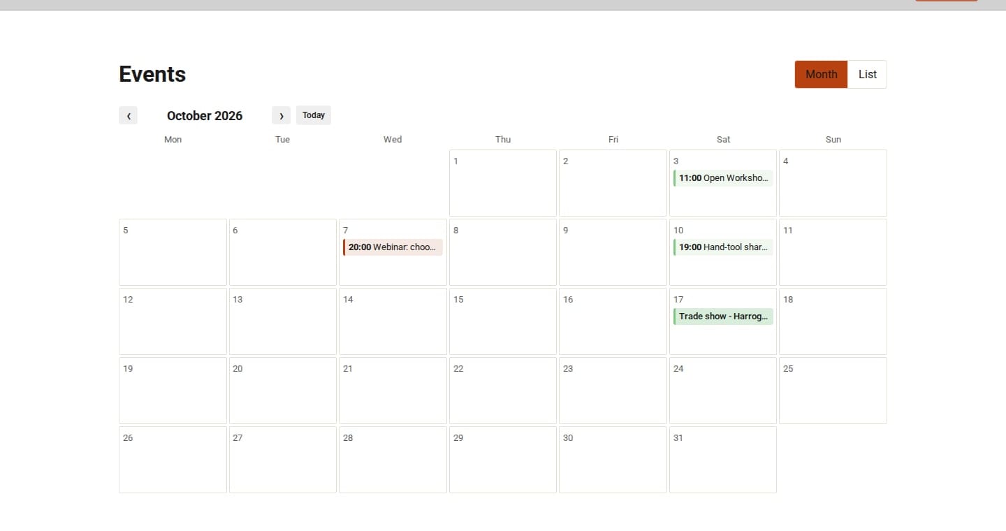 The public events page visitors see, a month at a time.