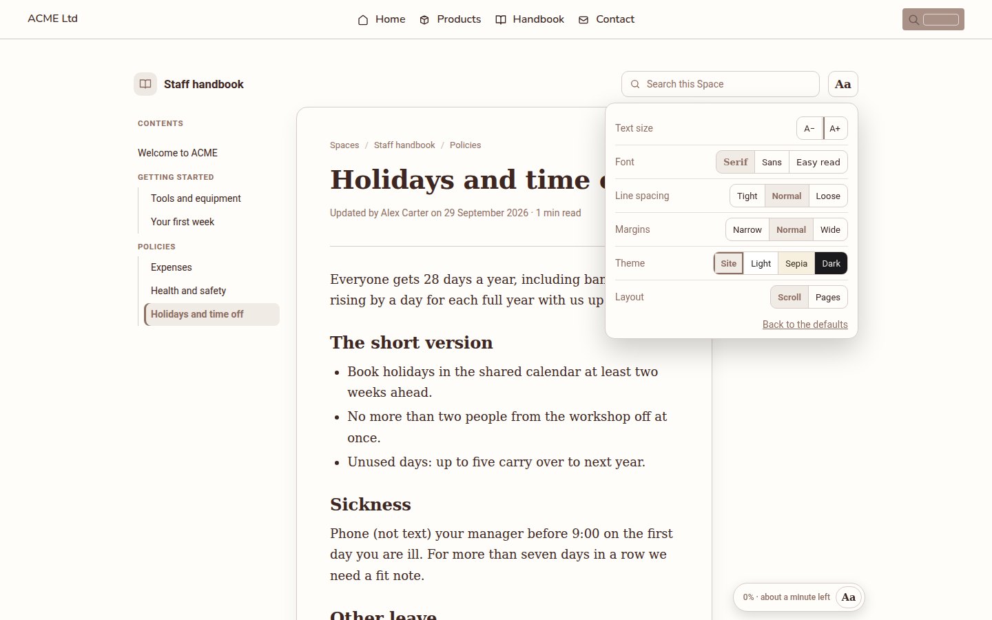 The reader's Aa panel: text size, font, line spacing, margins, theme and scroll or pages layout.