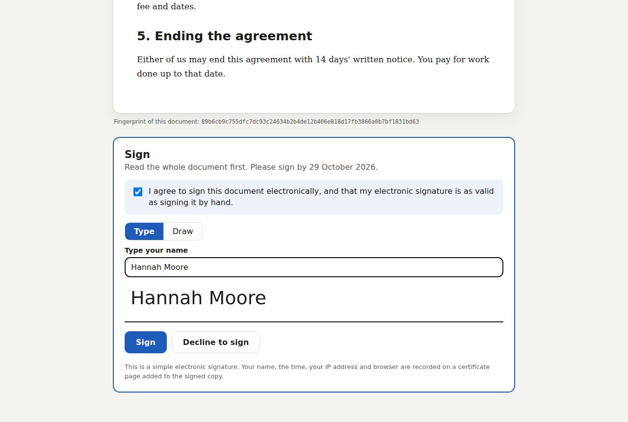 The signing page: agreement to sign electronically, a typed signature, and Sign or Decline to sign.