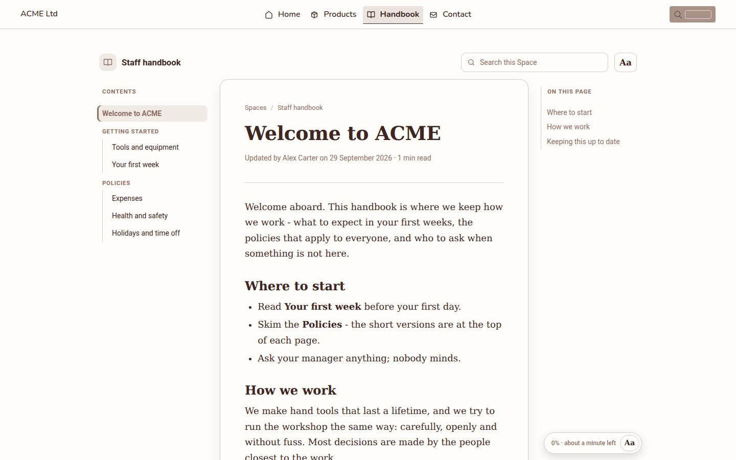 The Staff handbook's home page in the site's theme, with the contents list and the welcome page