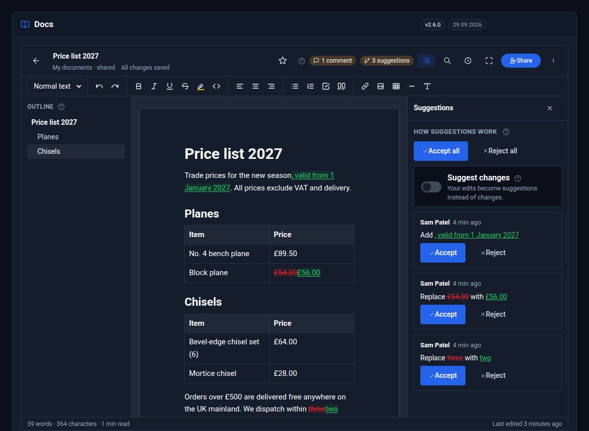 A price list with suggested changes marked in the text and the Suggestions panel listing each one with Accept and Reject.