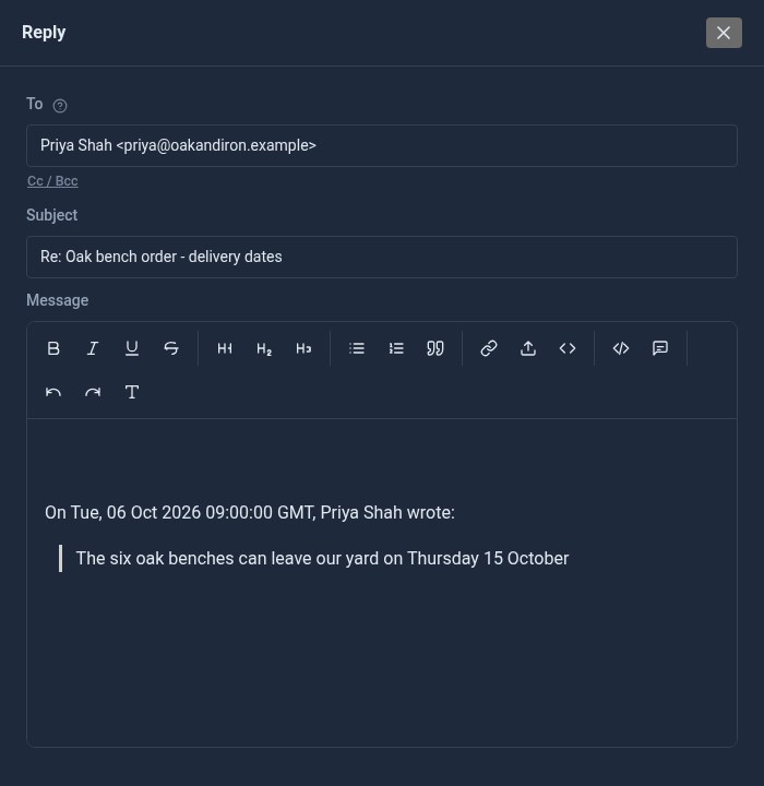 A reply opened by Quote in reply, quoting only the selected sentence under the line saying who wrote it