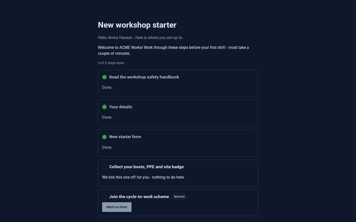 A new starter's journey page: the steps done, the one we tick off for them, and an optional step.