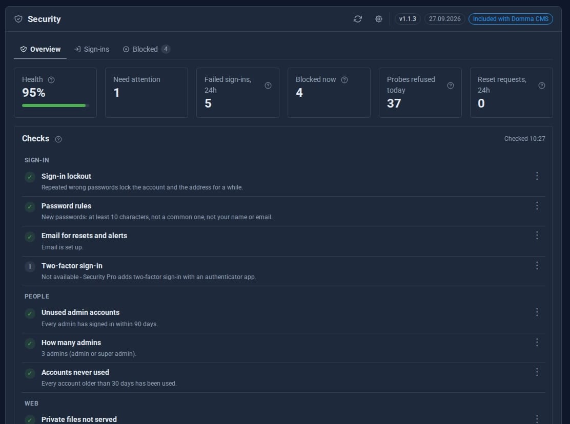 The Security overview with health checks and sign-in tiles