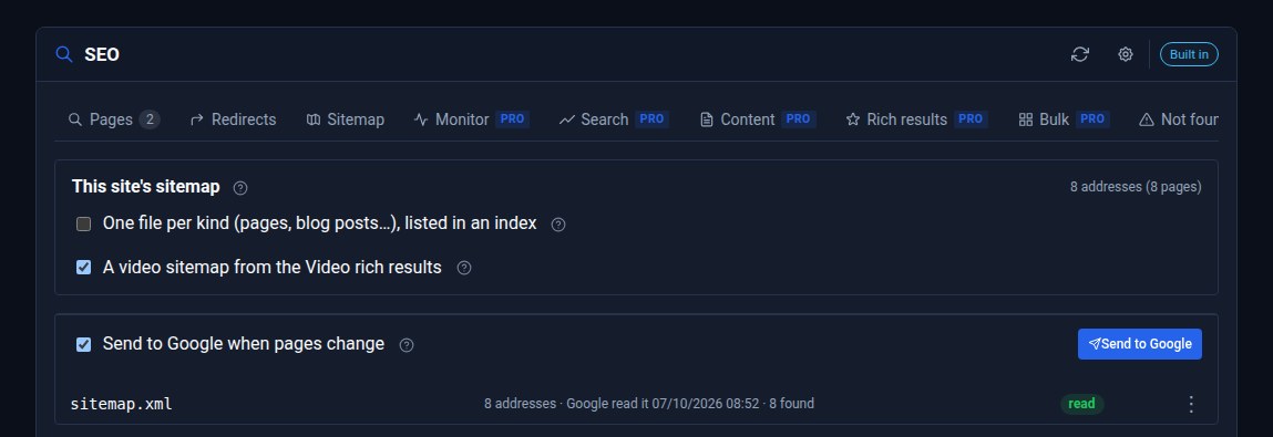 The SEO Pro Sitemaps tab: Send to Google when pages change switched on, the Send to Google button, and sitemap.xml read by Google