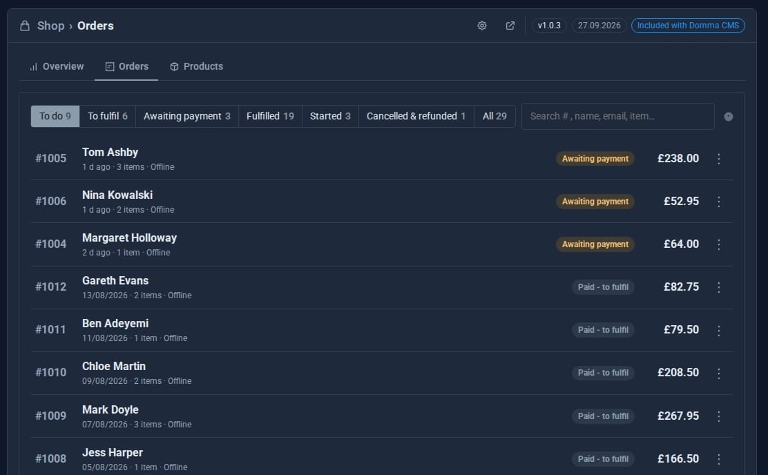 The Orders tab in the admin with order statuses and totals