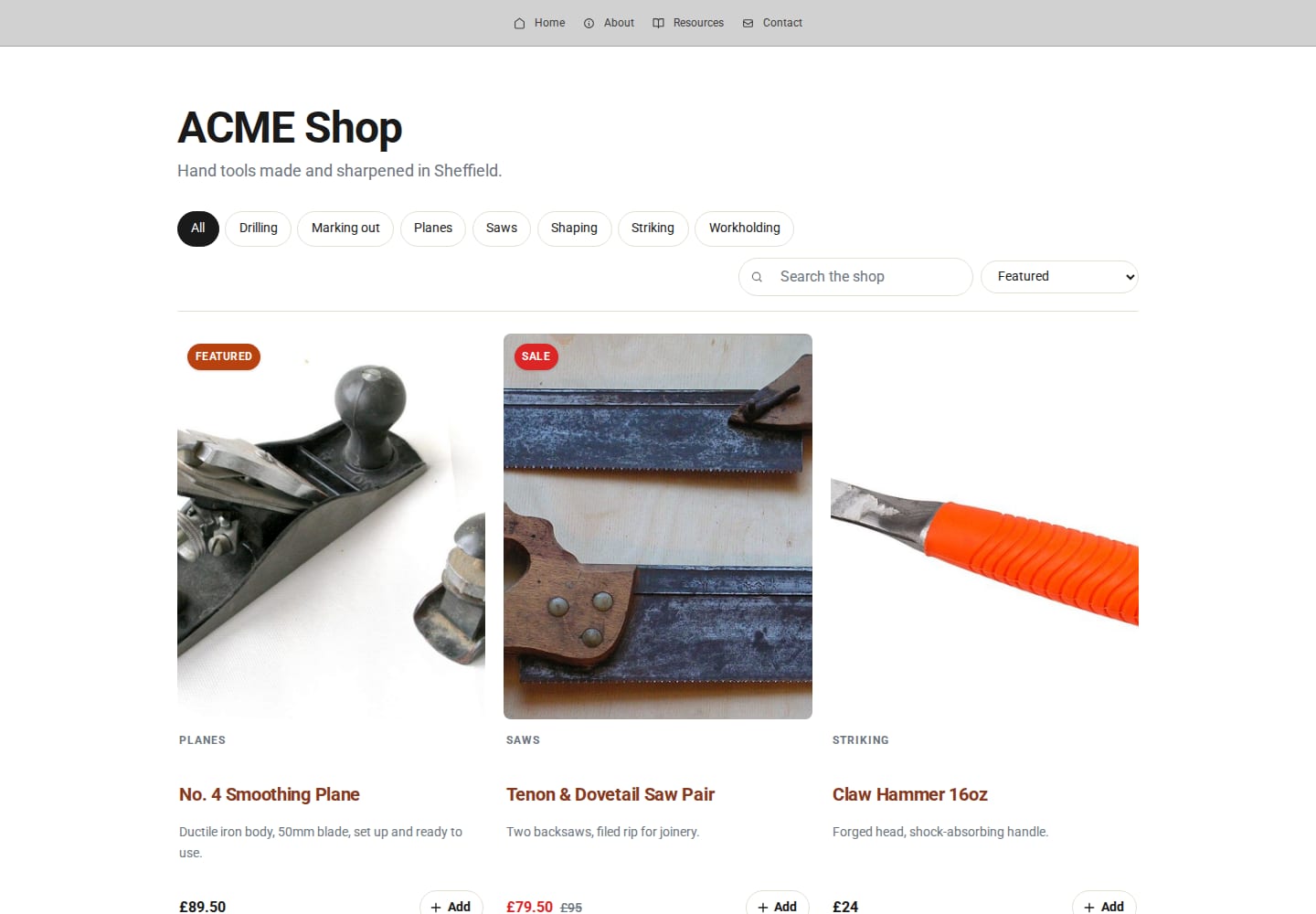 The ACME Ltd storefront with product cards and category chips