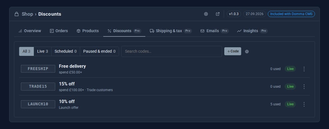 The Discounts tab listing three live discount codes