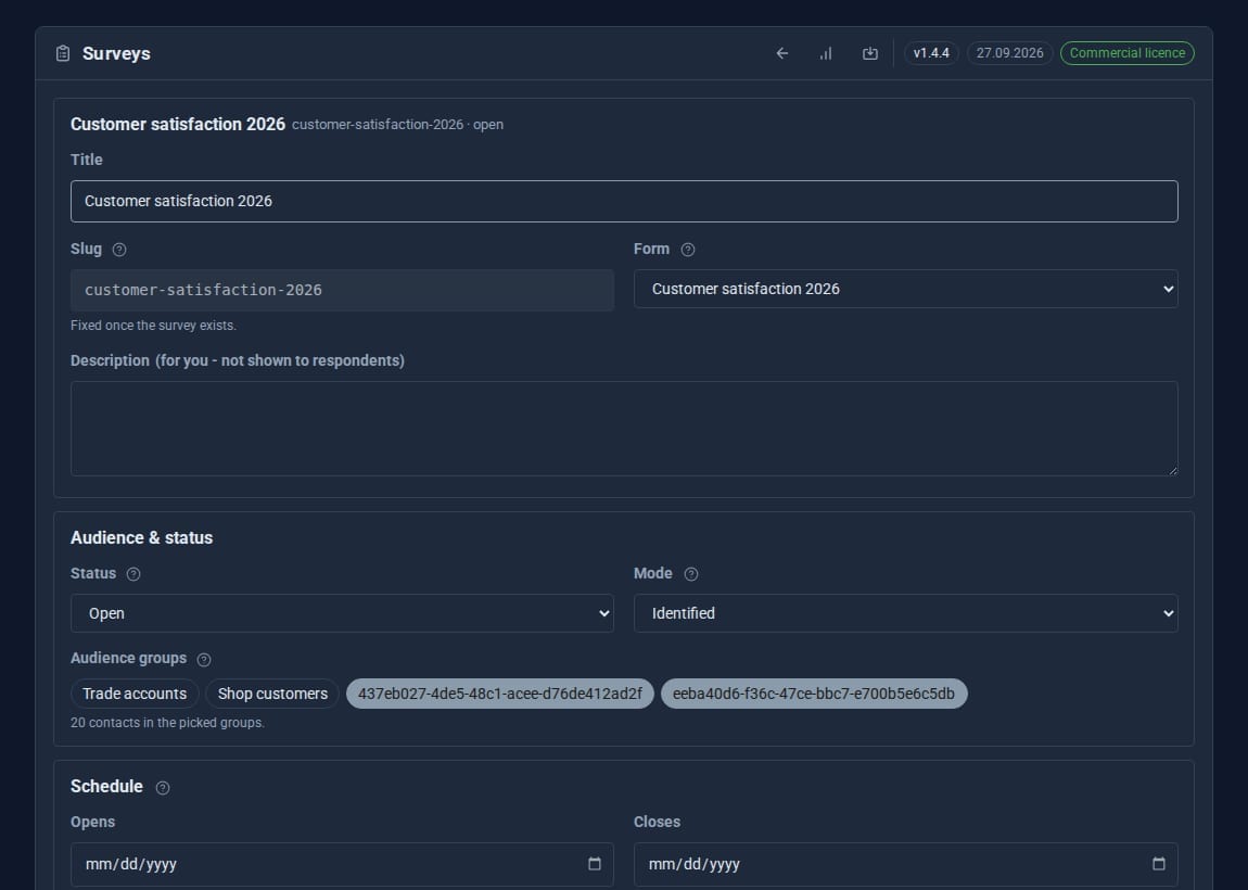 The survey editor with title, form, audience and status fields