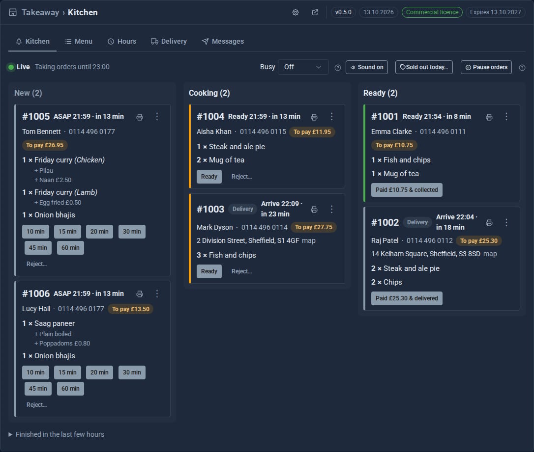 The kitchen screen: new orders to accept with a time, orders cooking, and orders ready or out for delivery.