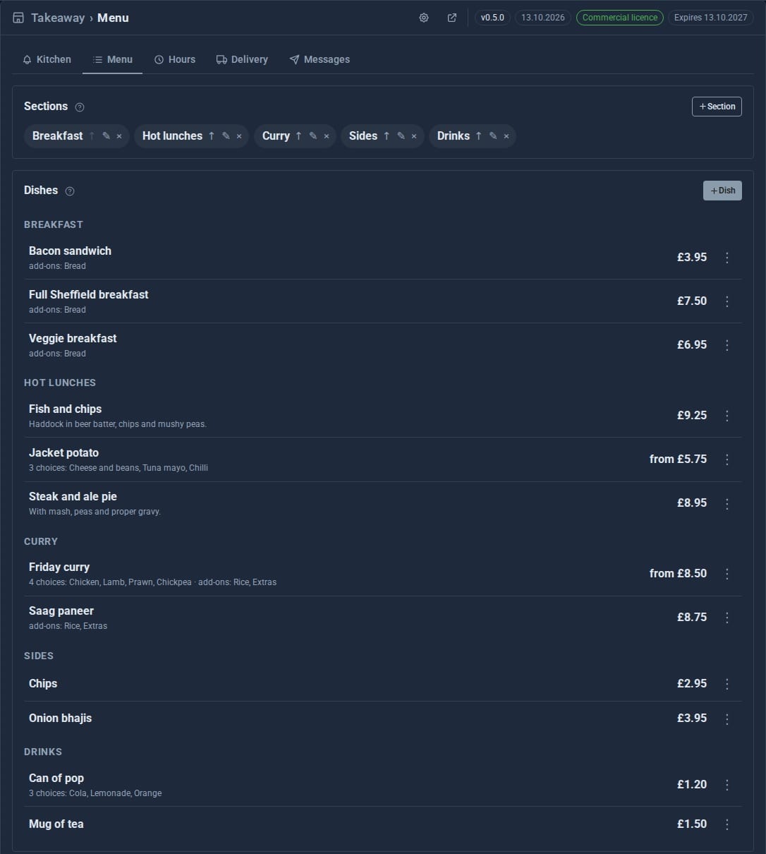 The menu: sections, dishes with choices and add-ons, and their prices.