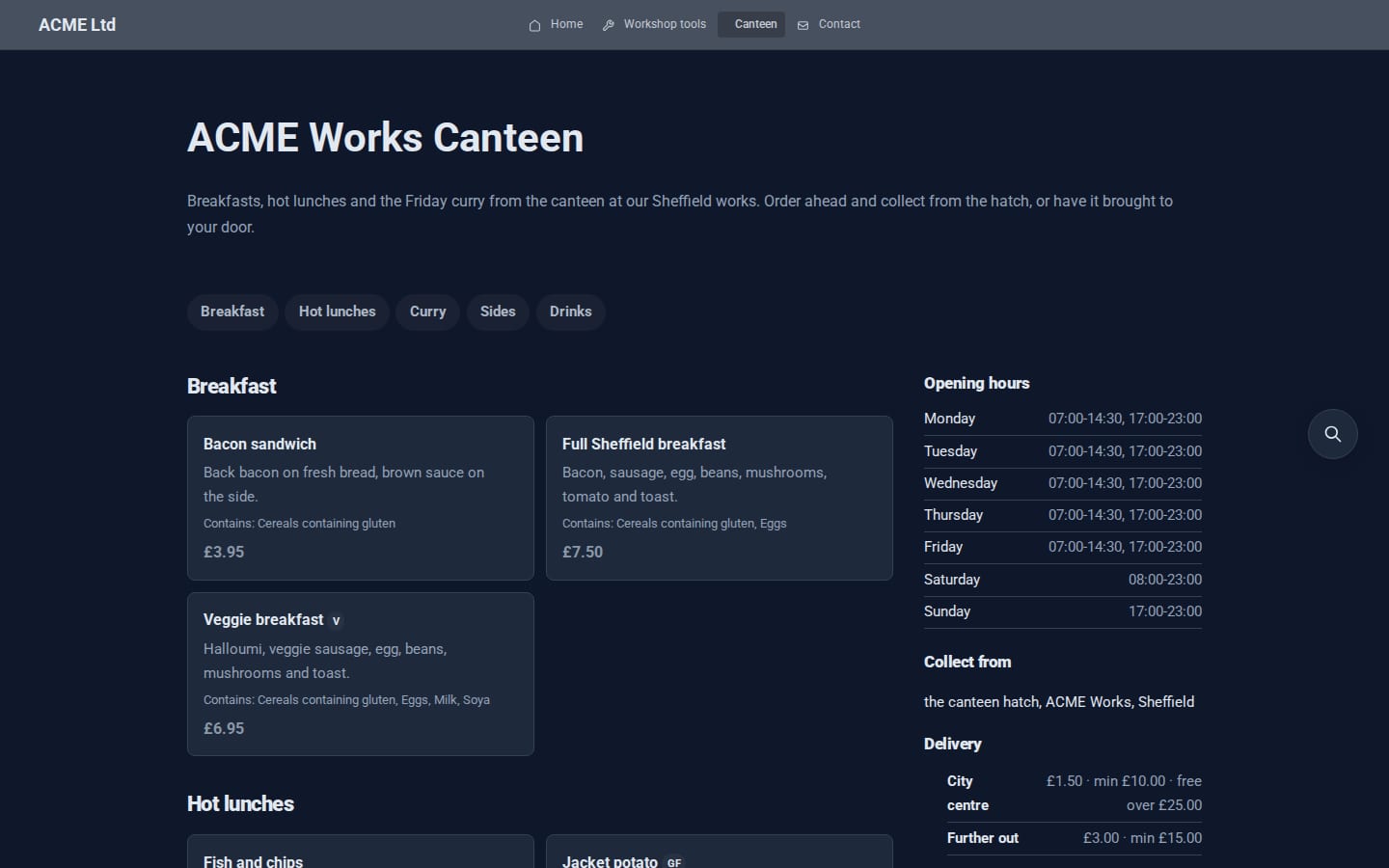 The ordering page customers see, with allergens on every dish, opening hours and delivery charges.