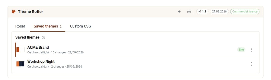The Saved themes tab listing ACME Brand, in use on the site, and Workshop Night