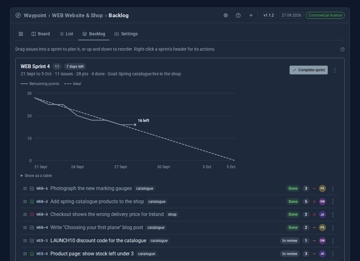 A sprint in the backlog with its burndown chart and the issues planned into it