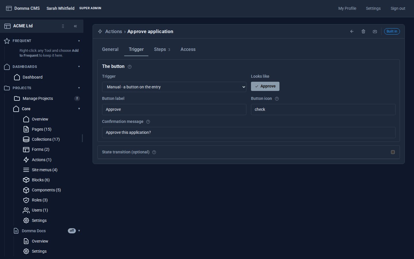 The Trigger tab of the Approve application action: a manual button labelled Approve with a check icon, shown as it will look, and the confirmation message Approve this application?