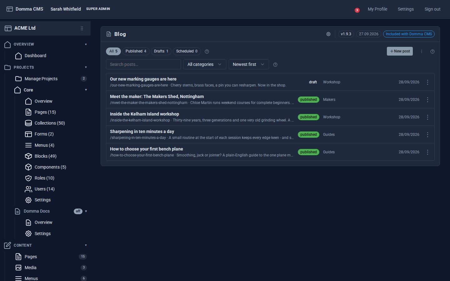 The Blog's Posts screen with published and draft posts, category filter and search