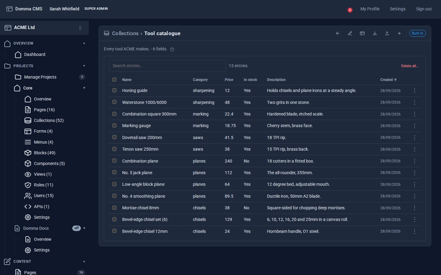 The entries screen for the Tool catalogue with search, filters and one row per product