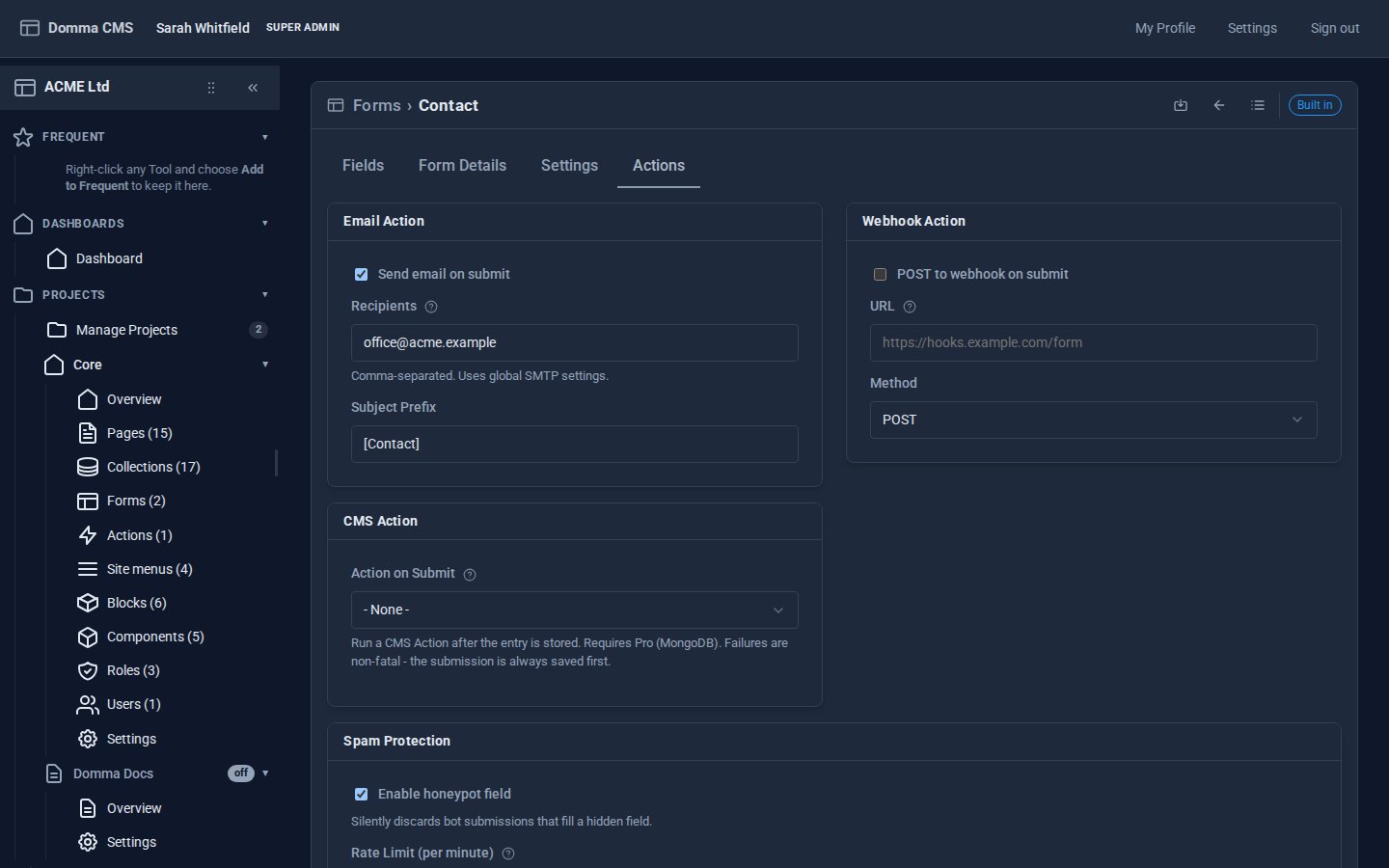 The Actions tab: Send email on submit ticked with office@acme.example as the recipient and [Contact] as the subject prefix, the CMS Action card, and Spam Protection with the honeypot field enabled
