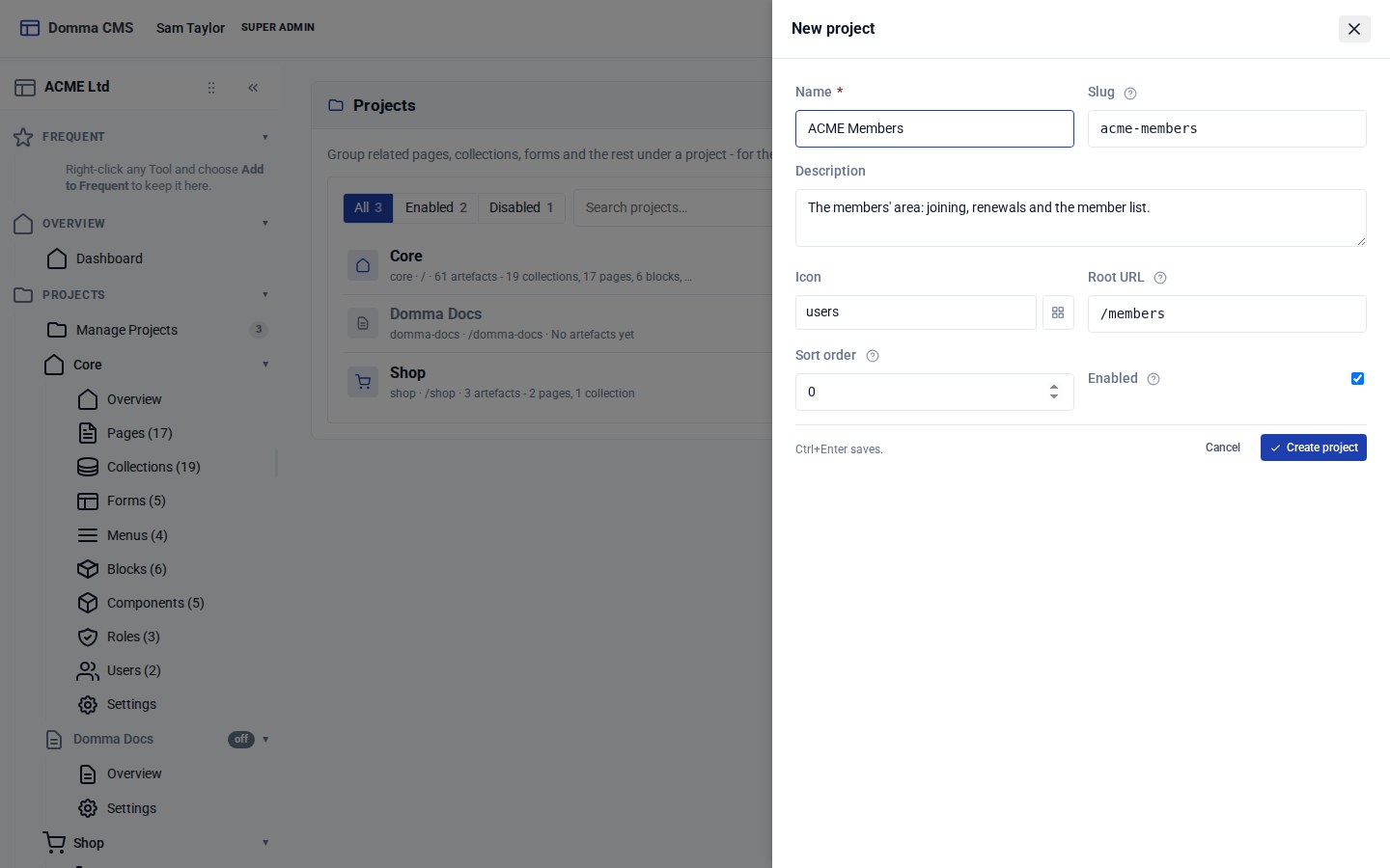The New project panel: name ACME Members, slug acme-members, a description, the users icon and root URL /members