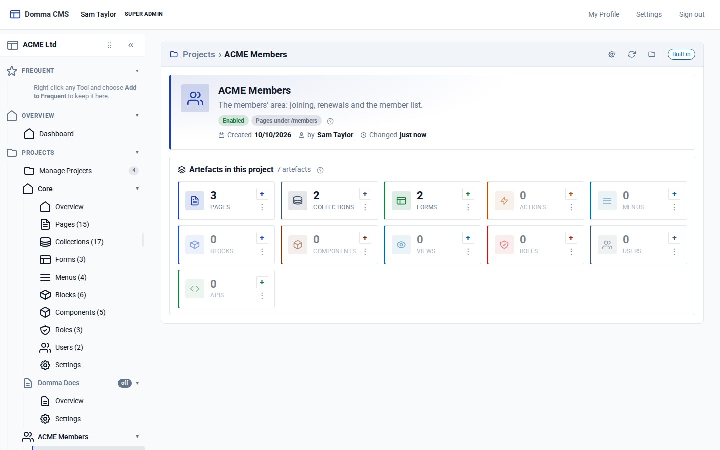 The ACME Members overview: 3 pages, 2 collections and 2 forms, with a tile for each kind of thing and a + on every tile