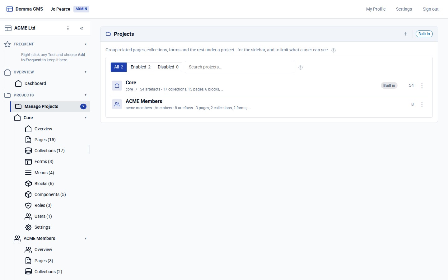Jo's admin: Manage Projects lists only Core and ACME Members, and the sidebar has only their sections
