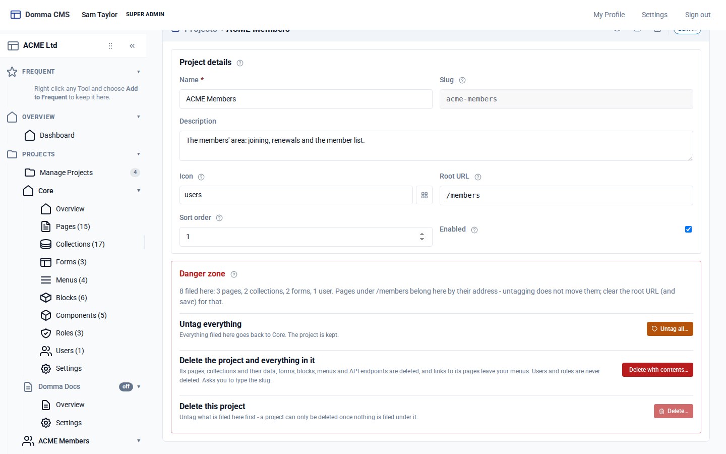 The project's Settings: project details, then the danger zone with Untag all, Delete with contents and Delete