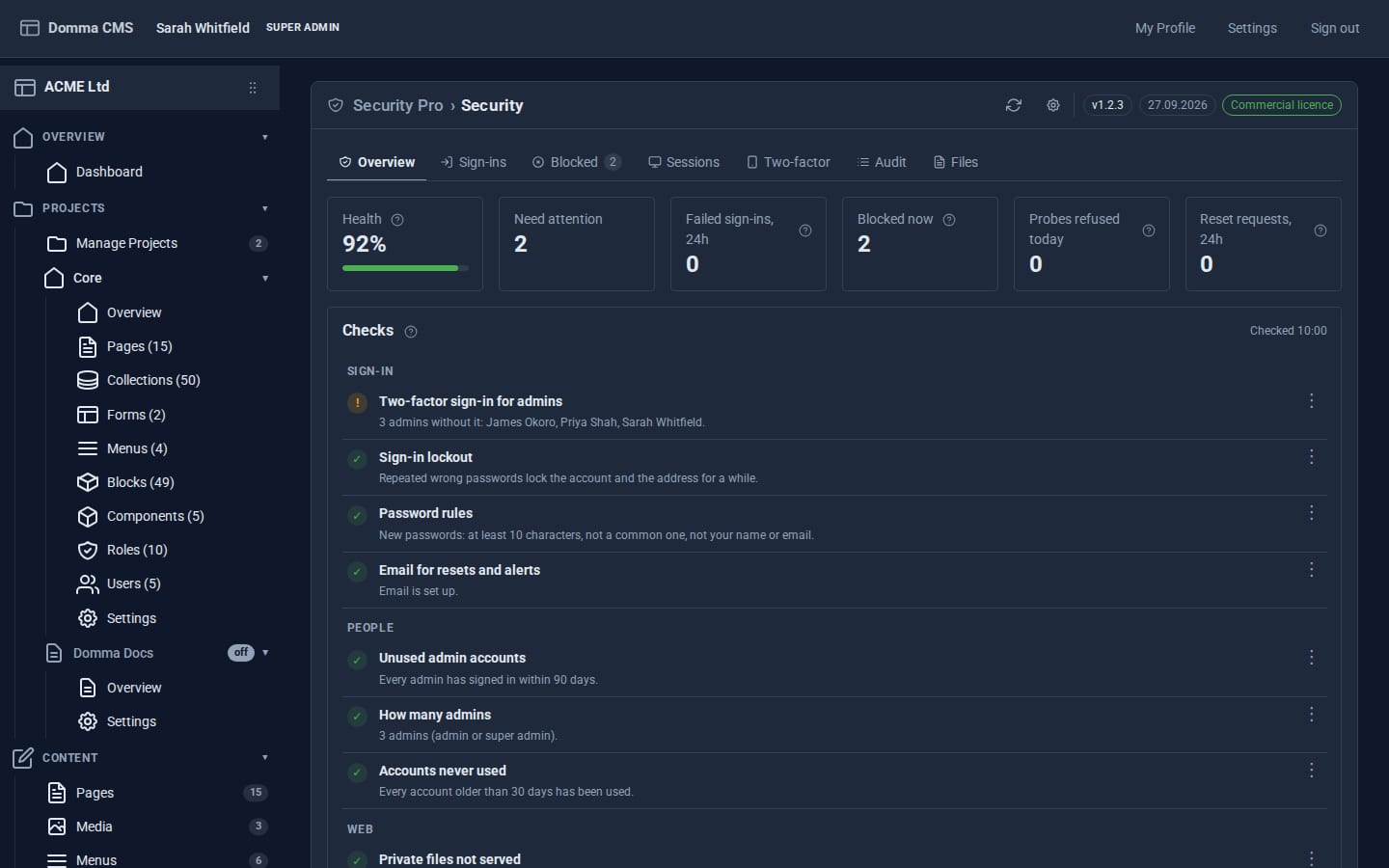 The Security Tool's Overview: tiles for failed sign-ins, blocks and probes, and the health checks
