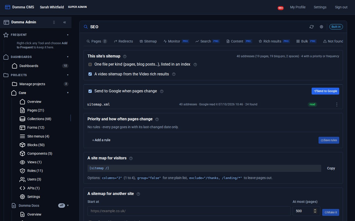 The SEO Sitemap tab with Search Console connected: Send to Google when pages change ticked, and sitemap.xml with 40 addresses, read by Google, 24 found